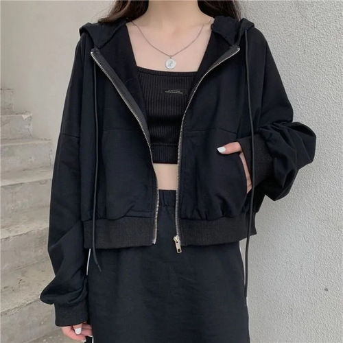 Korean Style Casual Short Zip Hooded Sweatshirt for Women, Solid Color Thin Long Sleeve Sweatshirt for Trendy Women