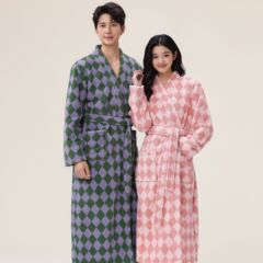 2025新款女士睡袍冬季长款加绒加厚半边绒情侣浴袍珊瑚绒家居服