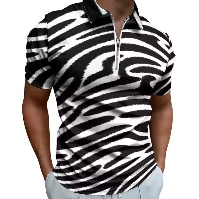 Camisa POLO con cremallera de manga corta suelta y transpirable con estampado 3D de graffiti a rayas irregulares de colores personalizados para hombres
