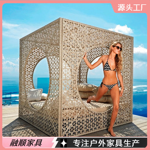 Scandinavian Outdoor Bed, Swimming Pool, Rattan Outdoor Balcony Sofa Bed, Open-Air Courtyard, Bird's Nest, Beach Bed, Terrace Furniture