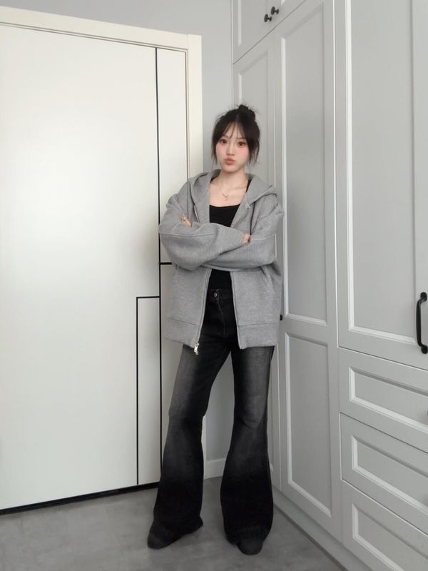 2025新款纯色连帽卫衣外套灰色开衫女春秋休闲宽松韩系慵懒风上衣|undefined