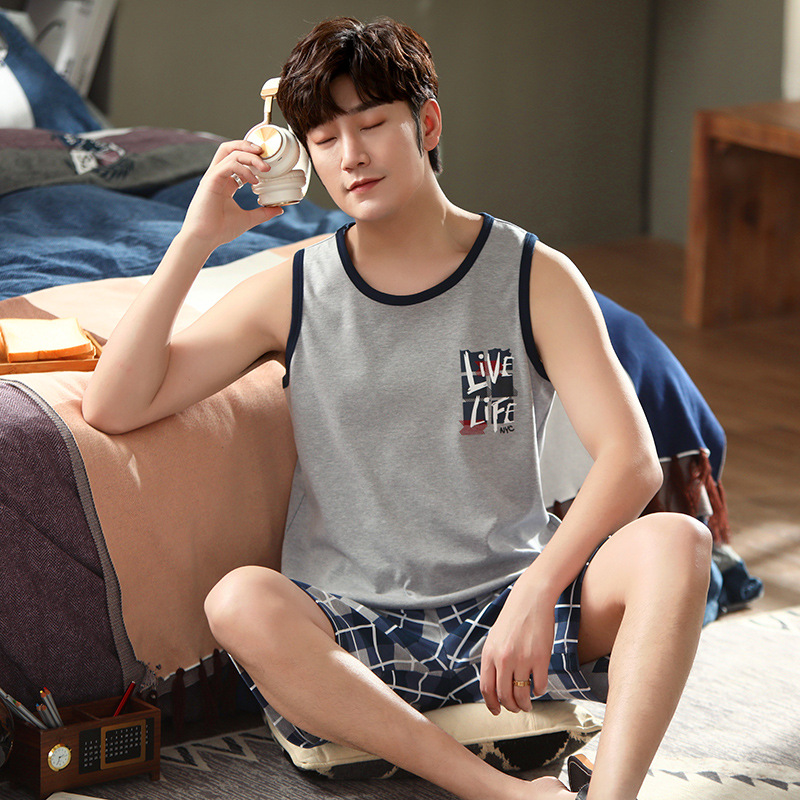 Chaleco pijamas de los hombres de verano de algodón de los hombres delgados de algodón desgaste del hogar puede salir sin mangas más tamaño traje casual