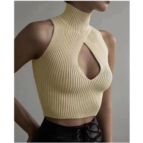 European, American and Southeast Asian sexy hollow design short vest high collar navel exposed hot girl niche pure desire sweater halter neck