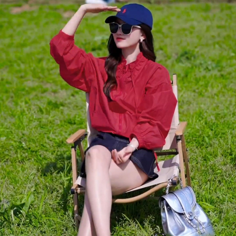 Korean Style Stand-Up Collar Thin Breathable Red Sun Protection Jacket for Women Spring and Summer Outdoor Sports and Leisure Loose and Light Jacket