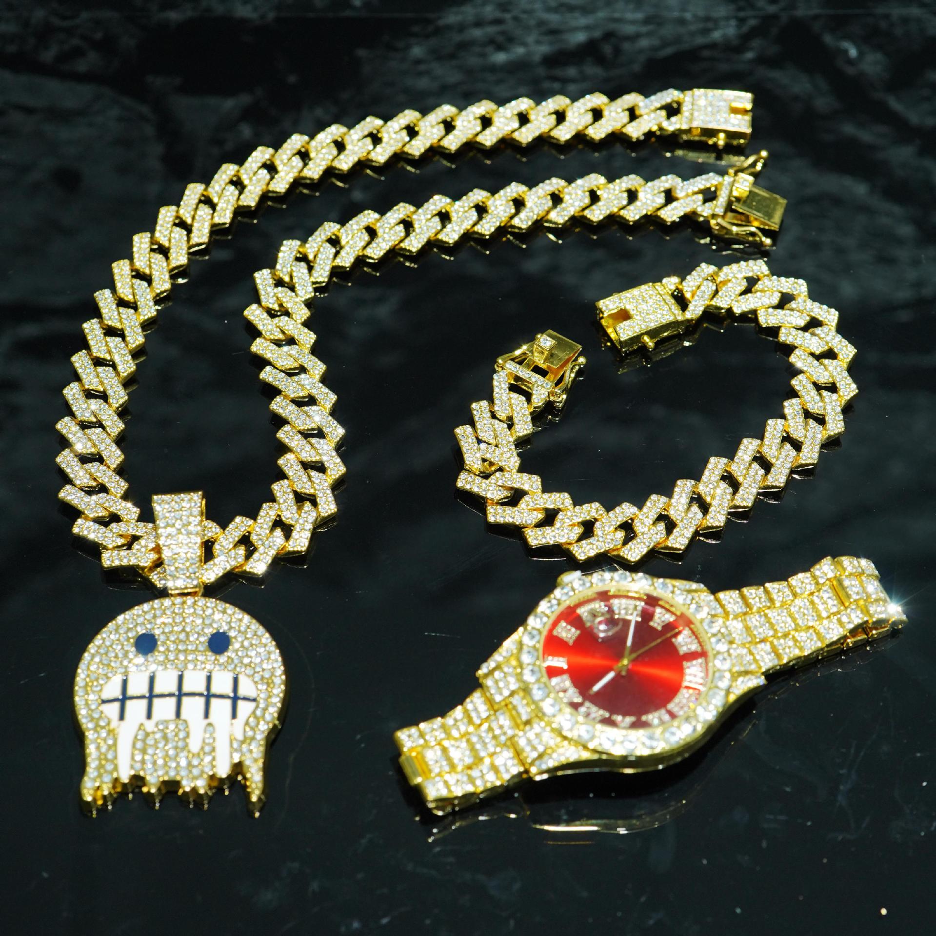 Aleación de alta calidad de moda de diamante de hielo cara colgante de collar de cadena cubana pulsera color reloj conjunto de joyas