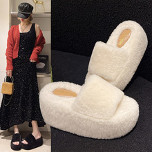 厚底毛毛鞋2024新款秋冬女外穿时尚百搭防滑一字网红毛毛拖棉拖鞋