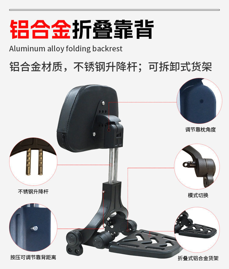 Motorcycle folding backrest for Graystone 250CVT, Flash 250V/300, Wuxi CU625, Chinchilla rear rack modification