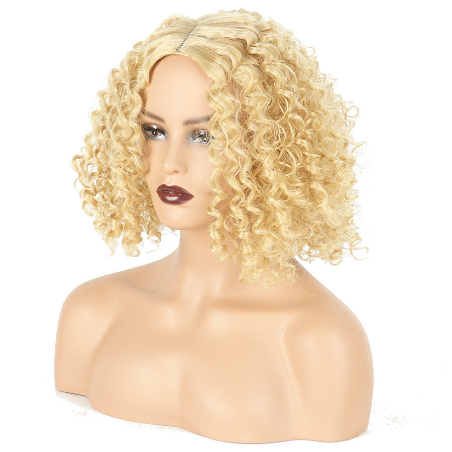 Nueva peluca de encaje estilo europeo y americano para mujer, corte bobo, negro natural, raya en medio, cabello corto rizado, fibra sintética, venta al por mayor.