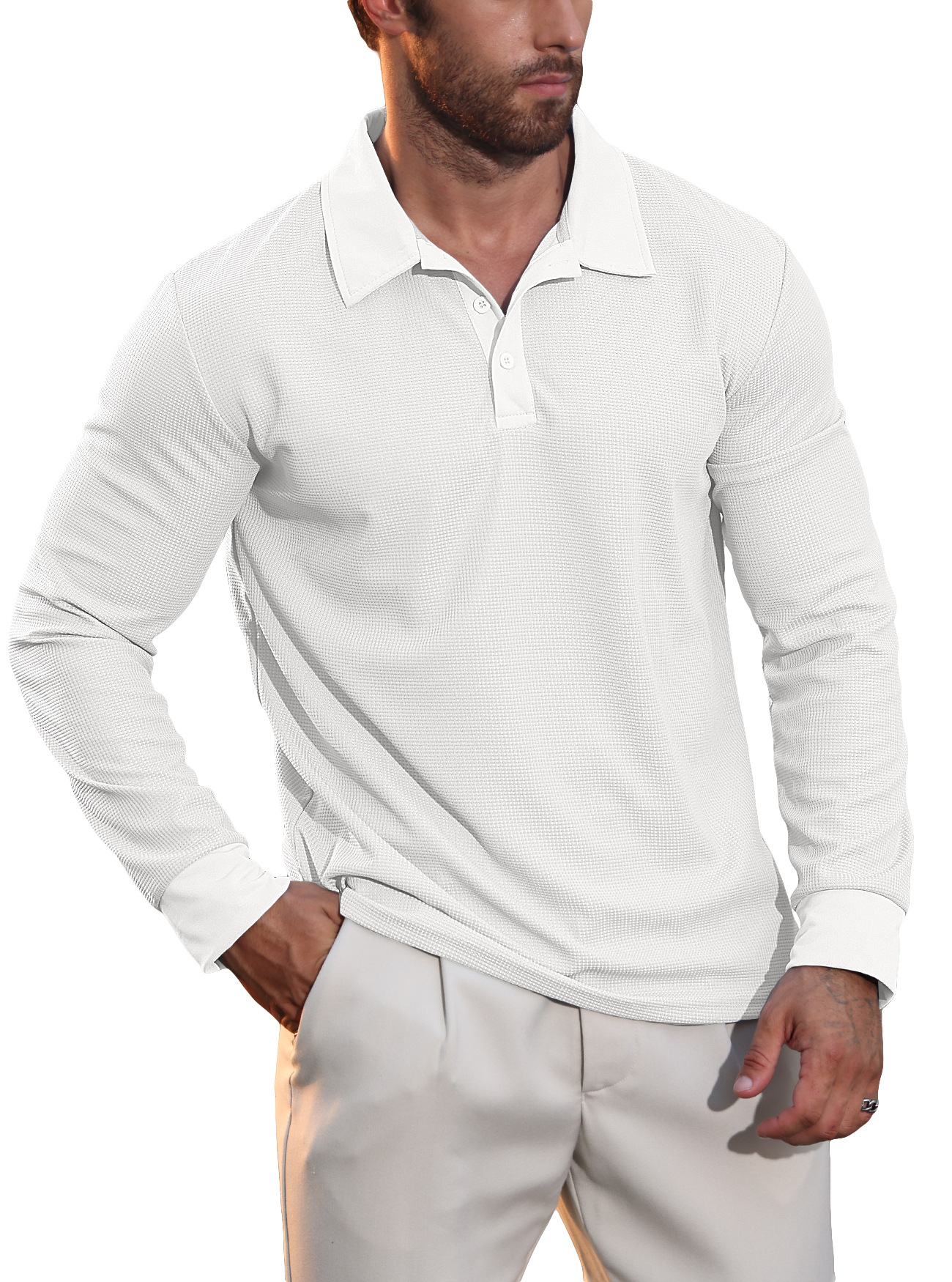 Nuevo otoño transfronterizo europeo y americano nuevo hombre waffle polo camiseta de manga larga de vacaciones casuales americanas