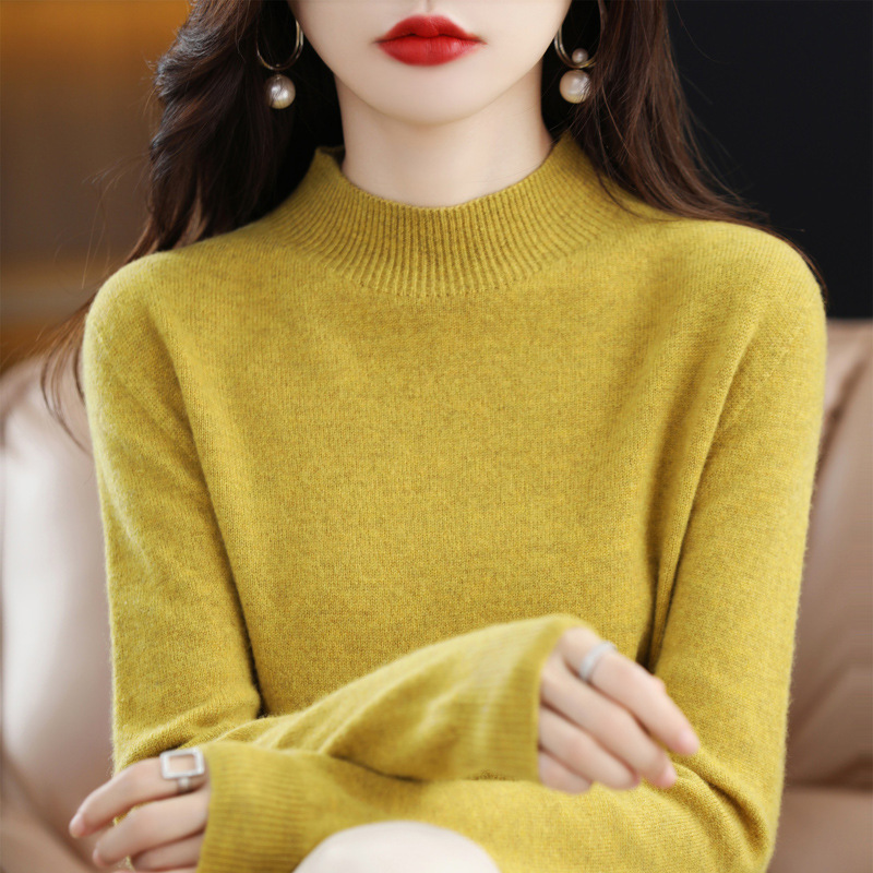 Ropa de primera línea medio cuello alto 100 suéter de lana pura suéter de color sólido de las mujeres camisa de fondo de punto del todo fósforo