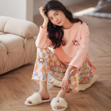 春秋季新款女士全棉睡衣套装长袖休闲家居服纯棉长裤可外穿加大码