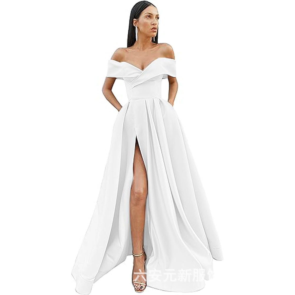 Amazon Comercio exterior fuera del hombro prom vestido de noche largo split sexy Fiesta de las mujeres vestido de banquete