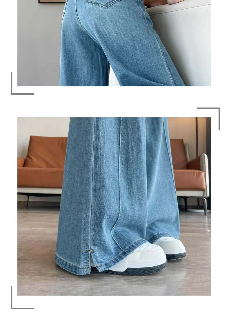 Quần jean nữ ống rộng cạp cao co giãn xẻ tà màu xanh nhạt — Màu xanh nhạt - Extended chi tiết 9