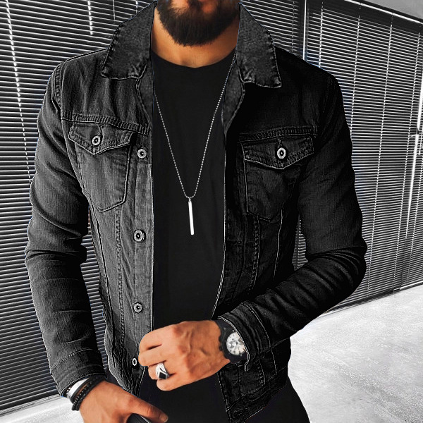 Herren Jeansjacke Mit Revers Im Dunklen Stil Für Herbst Winter_voghion.com