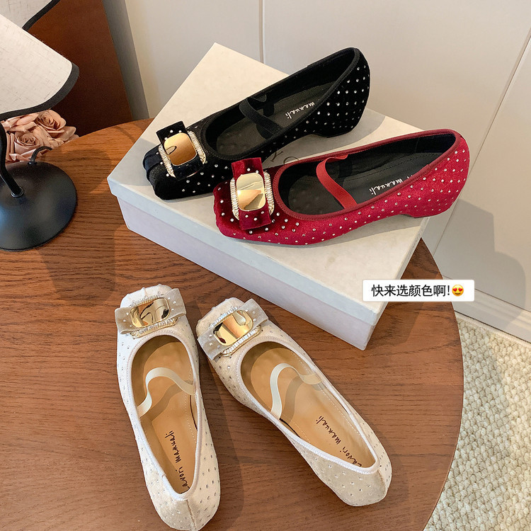 French-Style Elegant Square-Toe Ballet Velvet Versatile 5cm Hidden Heel Designer Fashion Shoes for Women