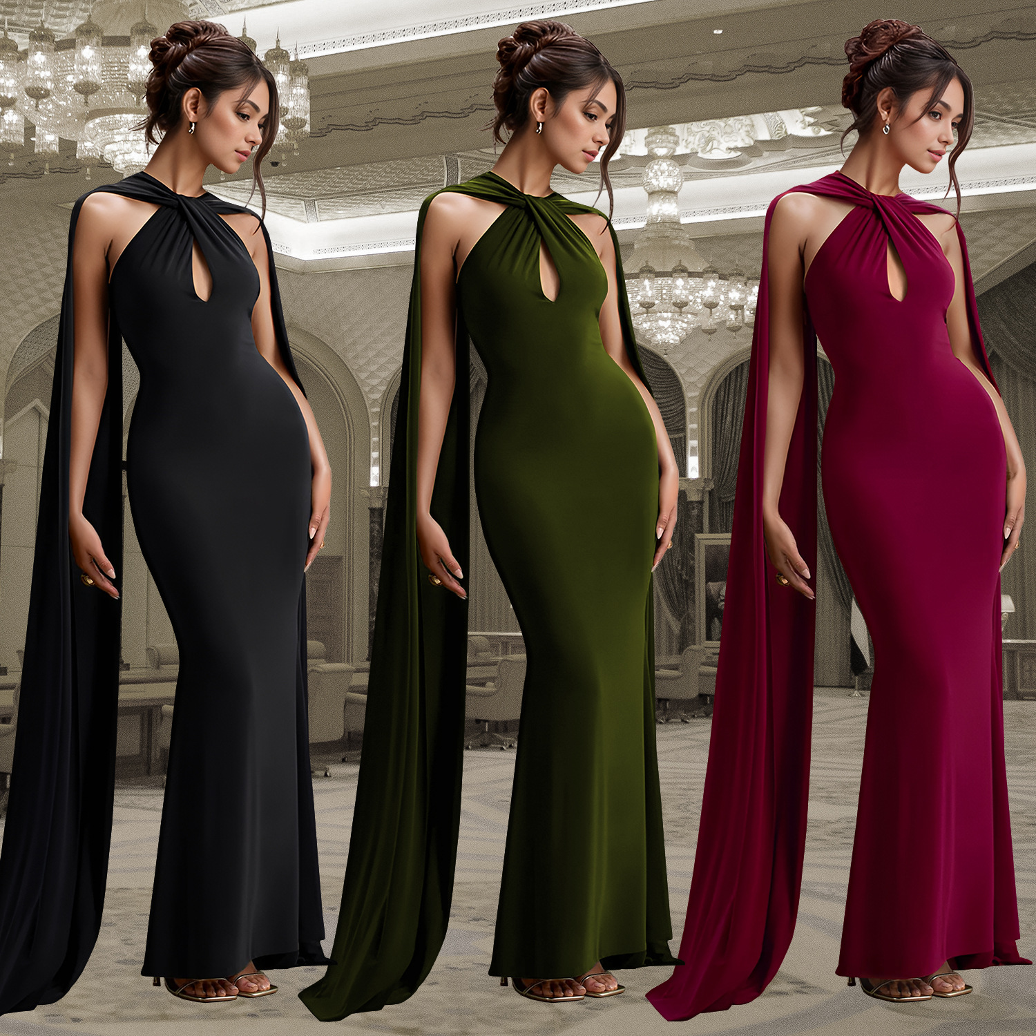 C7278 Transbordador AliExpress Amazon Moda europea y americana Ropa de mujer Casual Elegante Falda larga Vestido de color sólido con serpentina image 1