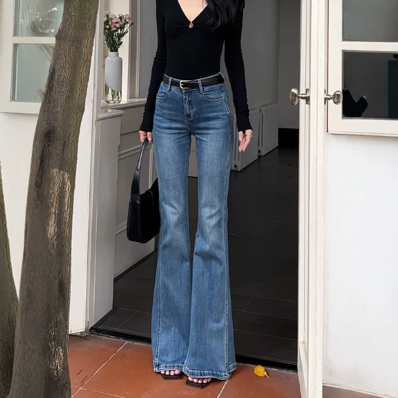 Retro Blue Stretch High-Waisted Flared Jeans for Women, 2026 Spring/Summer New High-Waisted Slim-Fit Bell-Bottom Pants
