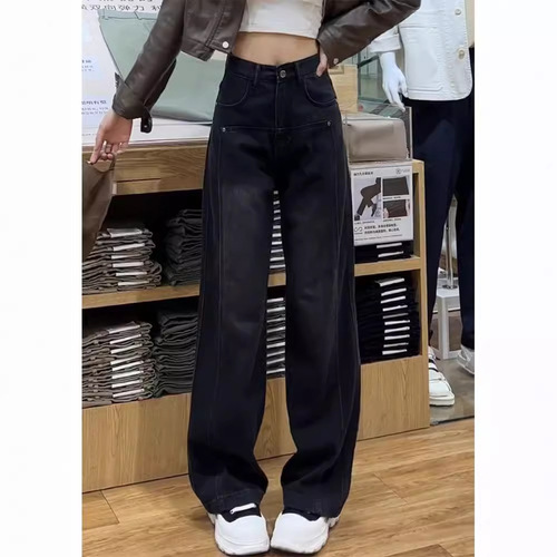 Black Pear Shape Wide Leg Diesel Jeans for Women, Spring and Autumn High-Waisted Plus Size Loose Slimming Straight Leg Ground-Long Pants