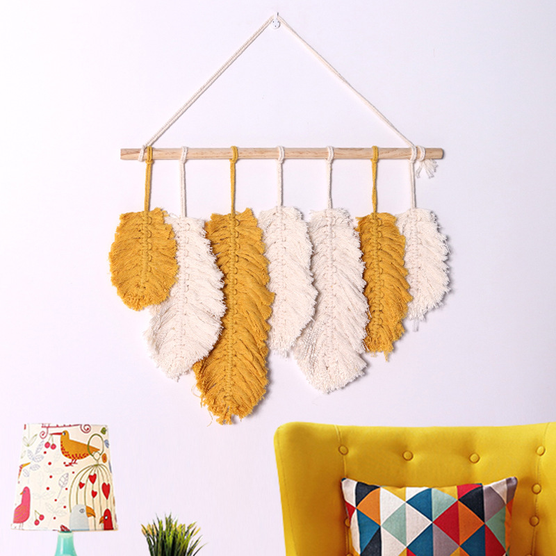 Nordic Wall Decor Hand-woven Leaf Tapestry Amazon Ins Cotton Rope Woven Feather Background Wall Tapestry