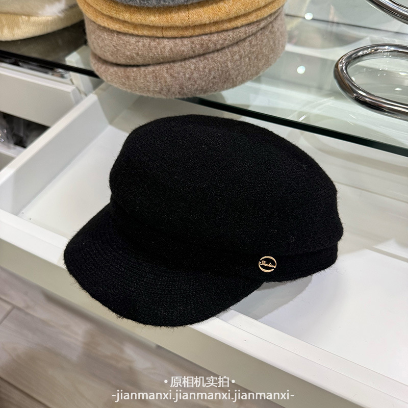 韩系羊毛针织平顶鸭舌帽子女款秋冬保暖字母标复古马术帽八角帽|undefined