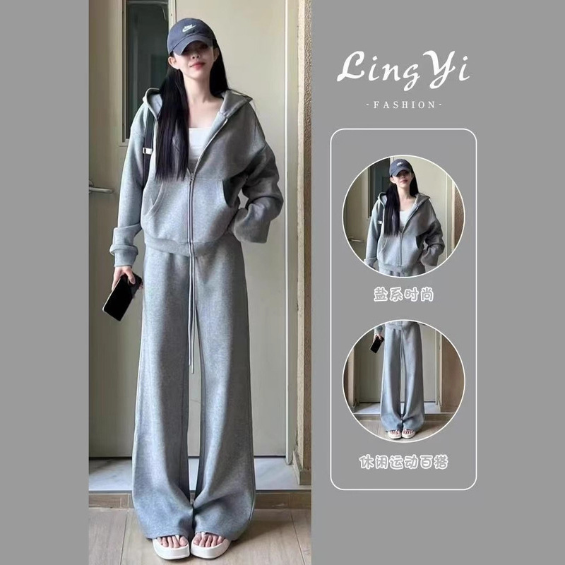 Fleece-Lined Thickened Sports Suit for Women, Autumn and Winter, Korean Style, Loose Fashion Sweatshirt Jacket, Running Casual Two-Piece Set