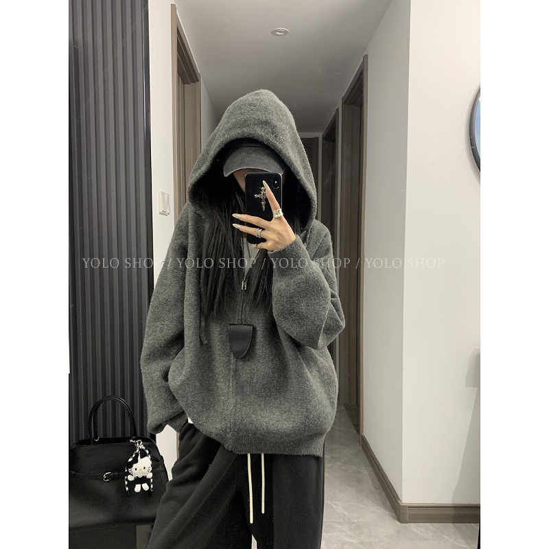 YOLO SHOP 【自留实穿派】韩系慵懒风宽松显瘦连帽拉链毛衣外套女