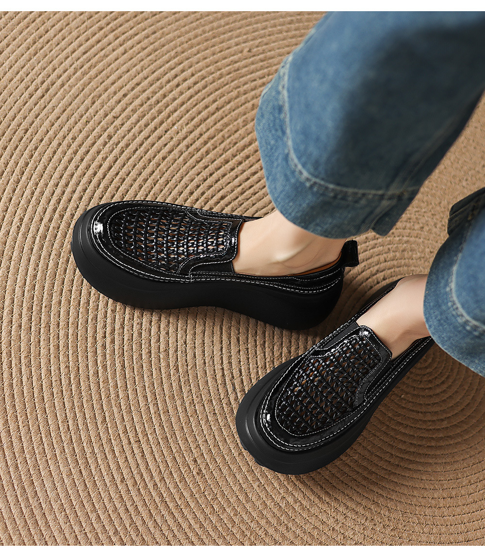 Giày sandal cao gót nữ hở mũi đế dày da thật mũi tròn phong cách lười — màu đen, màu trắng ngà chi tiết 25