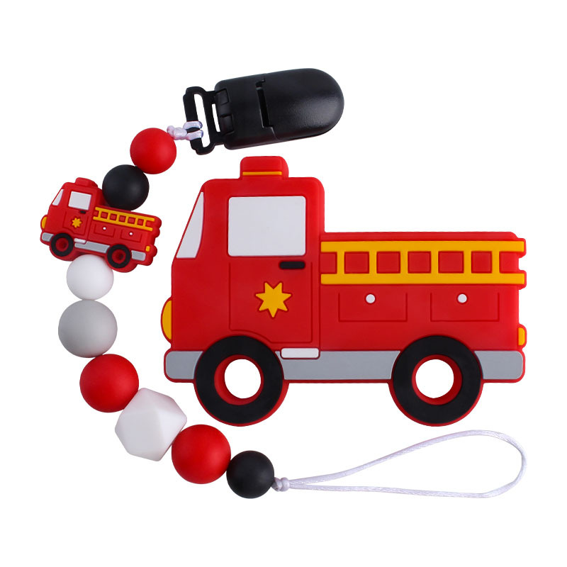 Suministros de bebé plástico clip duckbill camión bomberos juguete mordedor bebé calmante silicona chupete cadena dientes
