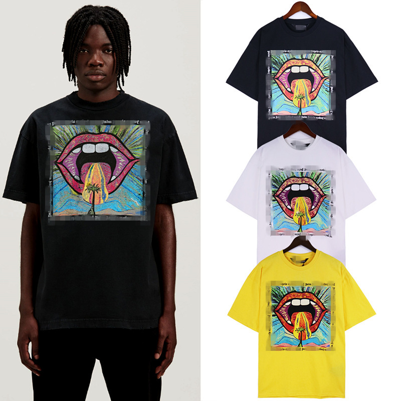 Cross-border European and American Fashion Brand Palm Angel Painted Big Mouth logo Printed Short-sleeved T-shirt for Men and Women Couple High Street Half-sleeved T-shirt