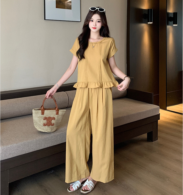 2025夏装新款胖mm大码女甜美减龄飞飞袖木耳边短袖阔腿裤套装|undefined