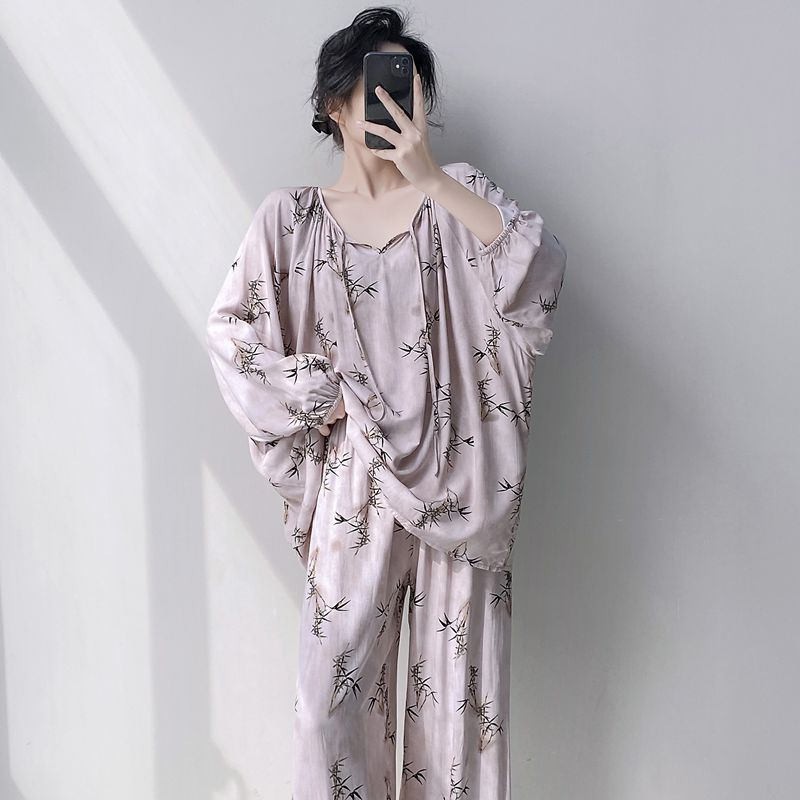 女性用パジャマ、春と秋の長袖人工綿シルク、国民風プリント、ゆったりとした大きいサイズの綿シルクホーム服セット、薄手|undefined