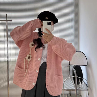 Sweet Loose Lazy Style Mid-length Knitted Cardigan for Women 2022 Autumn and Winter New Stereo Flower Sweater Jacket for Women