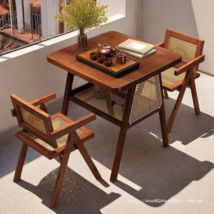 Solid Wood Balcony Tea Table and Chair Combination, Simple Negotiation Table, Internet Celebrity One Table and Two Chairs, Small Apartment Leisure Rattan Chair Three-Piece Set