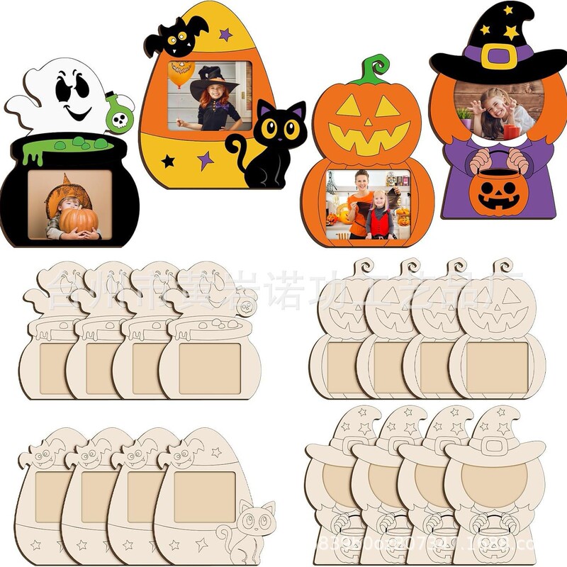 Cross-Border Hot-Selling Halloween Atmosphere Wooden Ornaments Creative Wooden Crafts DIY White Graffiti Photo Frame Ornaments