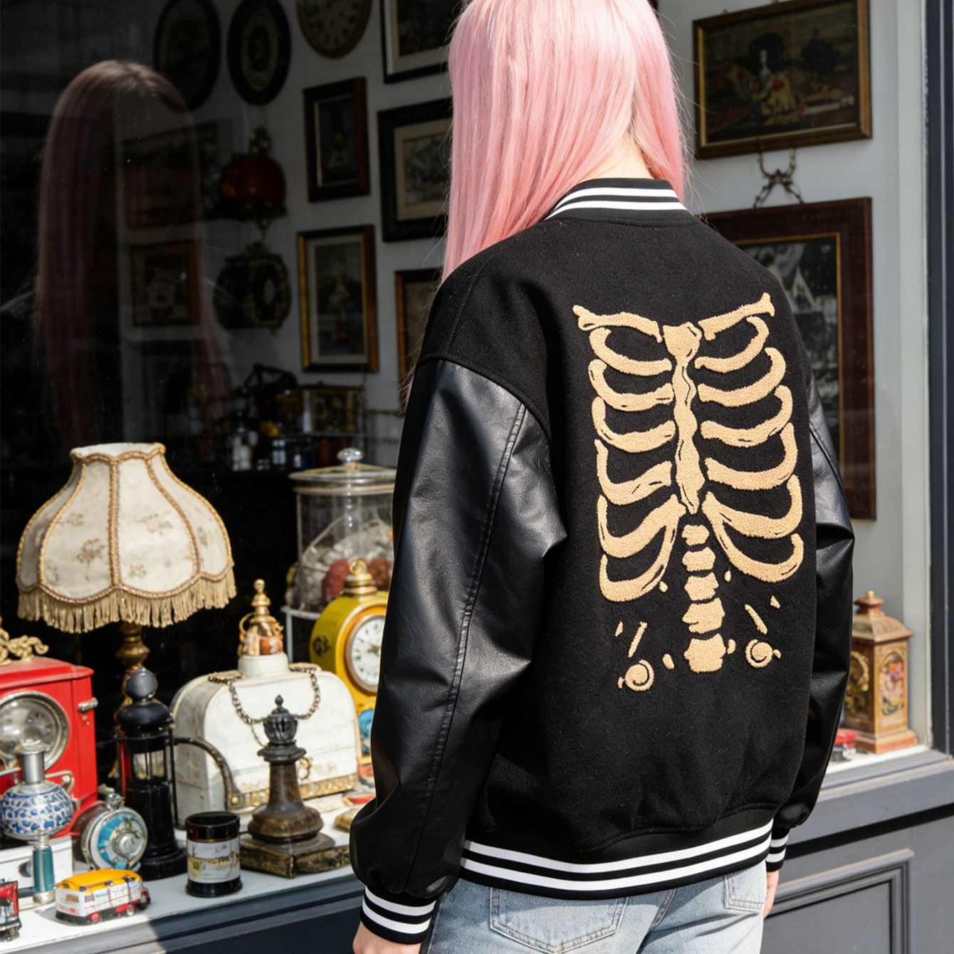 Men's Skull Embroidered Baseball Jacket, Autumn/Winter American Retro Cross-Border Halloween Skull Costume Outerwear