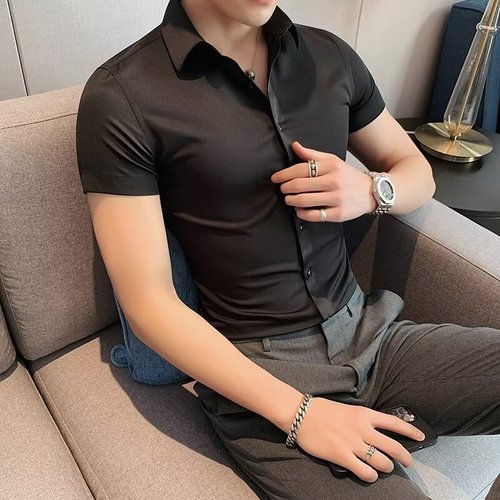 2024 Summer New Men's Short-sleeve Solid Color Shirt Thin Style Square Collar Youth Slim Fit Business Gentleman Fashion