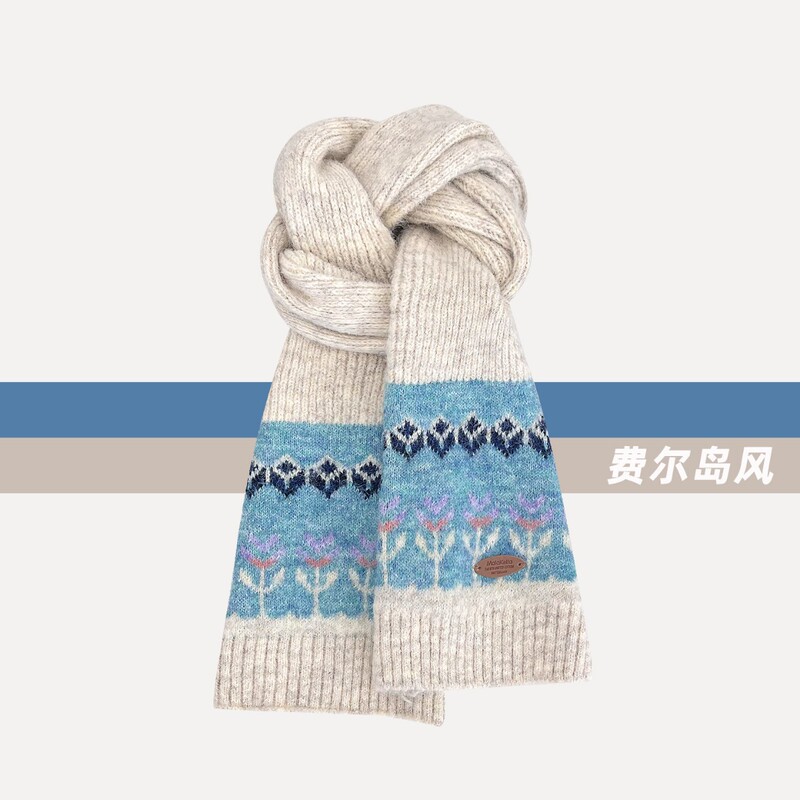 新款红色费尔岛提花小标毛线围巾女秋冬保暖百搭韩系复古针织围脖|undefined