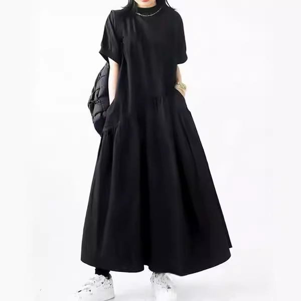 Japanese style 2026 summer short-sleeved new simple mid-waist patchwork dress (in stock)