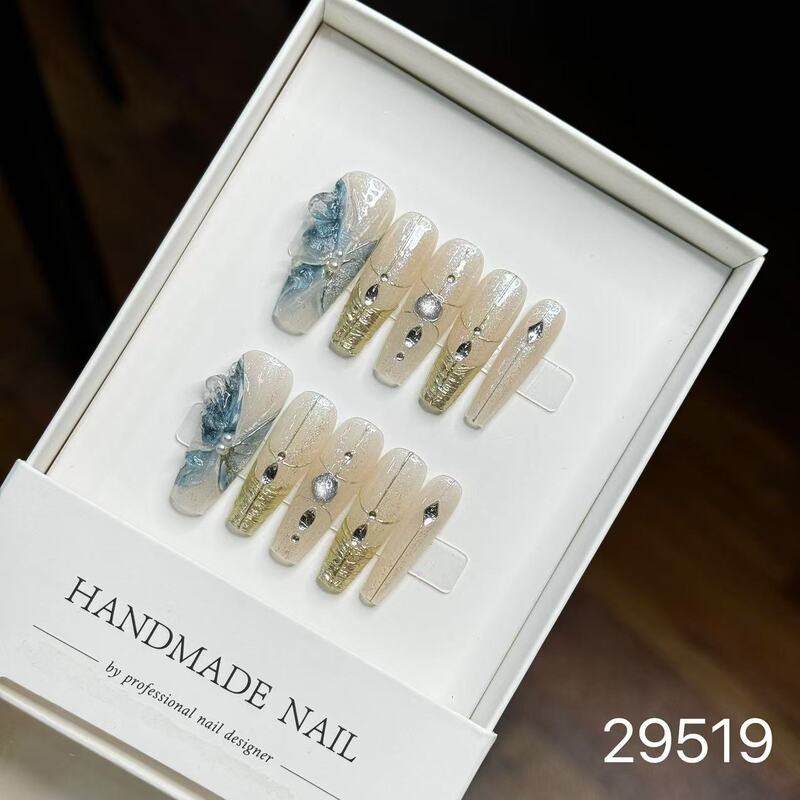 【純手作りのつけ爪29-32】ロングフレンチキャットアイパッチ付け爪、取り外し可能なネイルアートコレクション|undefined