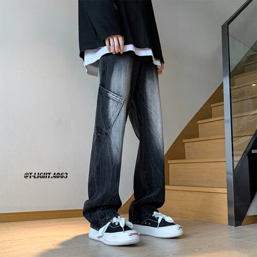 Oversized Pants from Douyin & Kuaishou: Retro Workwear Tie-Dye Gradient Black Denim Trousers with High-Street Vibe, Flared-Leg Design