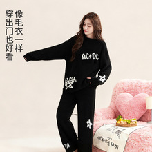 秋冬季保暖套头五角星印花半边绒睡衣女可外穿女士居家家居服套装