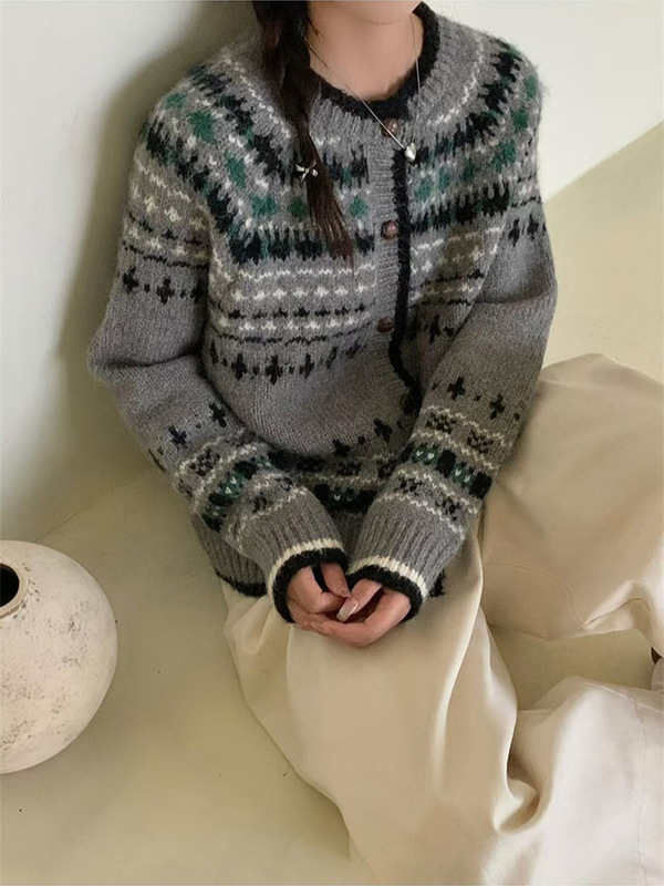 复古费尔岛毛衣外套女装秋冬新款宽松慵懒风软糯提花针织开衫上衣|undefined