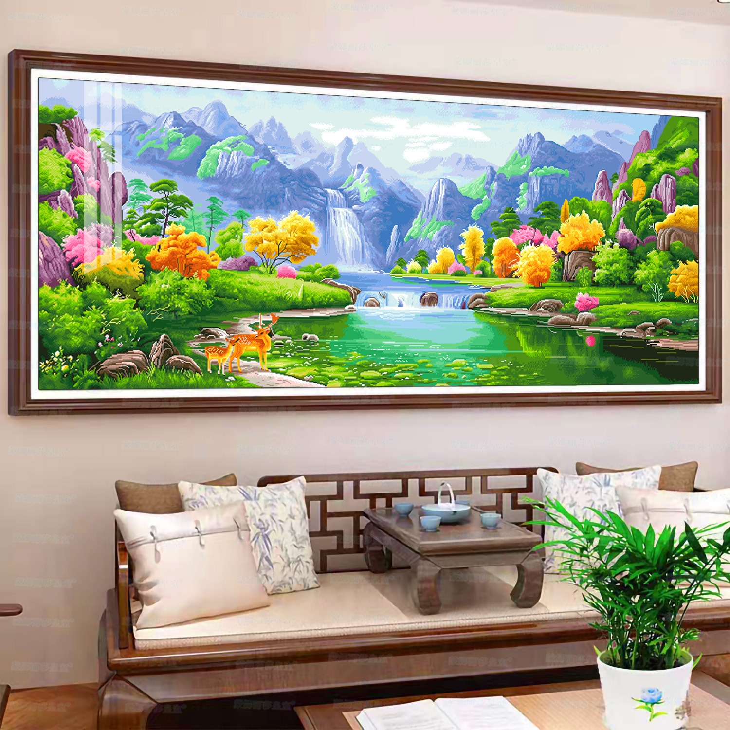 Mona Lisa, Pintura de Paisaje Bordada a Mano con Puntos de Cruz, Montañas Verdes y Agua Verde, Ciervo de la Fortuna, Decoración Grande para Sala de Estar image 3