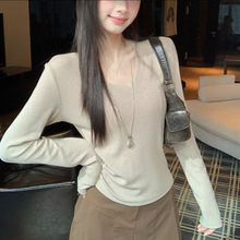 U领打底衫女秋季内搭可外穿高级感2025新款修身灰色长袖t恤上衣服