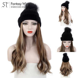 假发跨境外贸广州番禺假发帽子一体新款针织帽女带长卷假头发