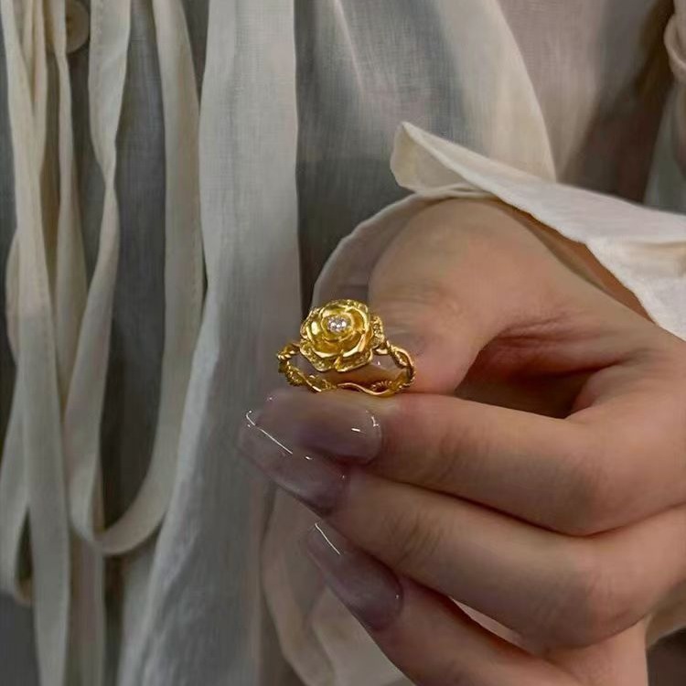 Gold Audrey Rose Ring Women Vietnam Sha Gold Fashion Diamond Rose Flower Opening Finger Ring Bracelet_voghion.com