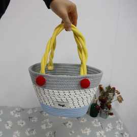 棉绳手提包卡通撞色玩具收纳置物篮毛球双把创意棉绳桌面收纳筐