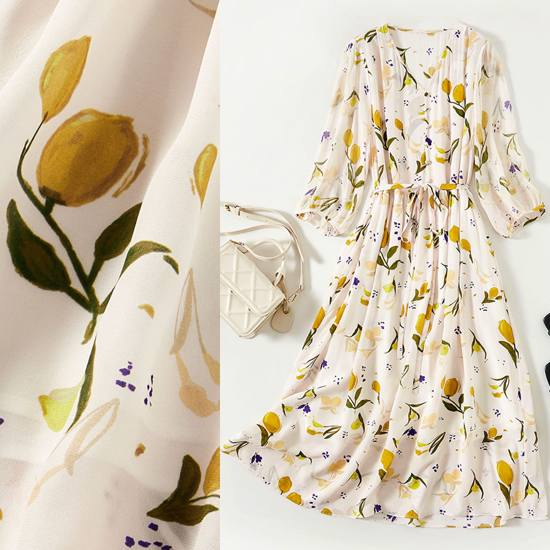 High-Quality Goods Recommended! Oil Painting Lemon Long Crepe De Chine Silk Dress V Neck Mid-Sleeve Mulberry Silk Holiday Style for Women