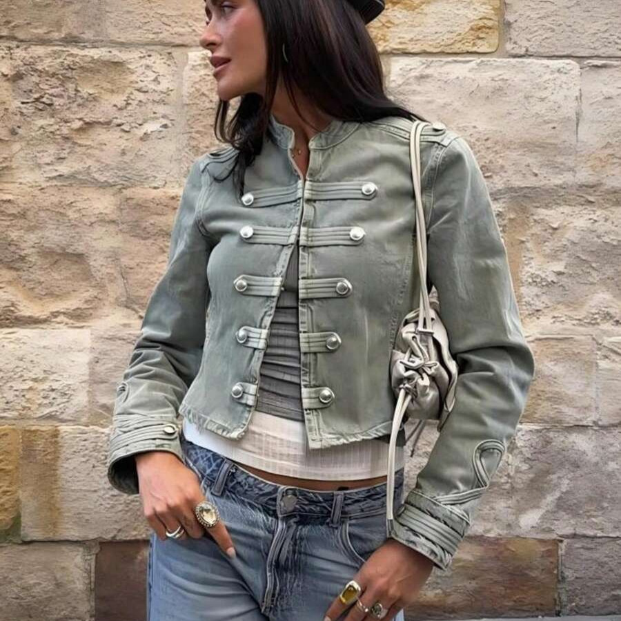 Cross-border military-style Napoleon denim jacket, 2026 autumn/winter collection, trendy slim-fit long-sleeve zip-up jacket, Instagram style