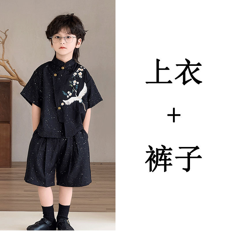 2025 ホットスタイル男の子唐スーツ半袖スーツ黒底鶴花刺繍ショーツ漢服ワンピースドロップシッピング|undefined